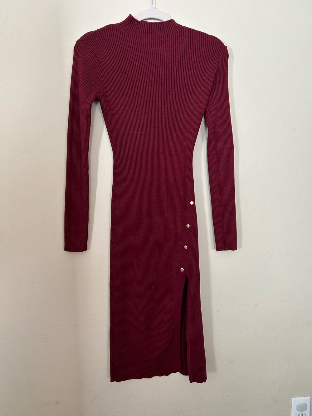 Slim Ribbed Long-Sleeve Midi Dress in Wine with Side Button Detail
